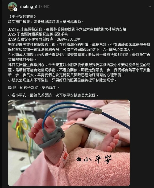大量網友集氣希望小平安能健康長大。 圖:翻攝自Threads/shuting_3