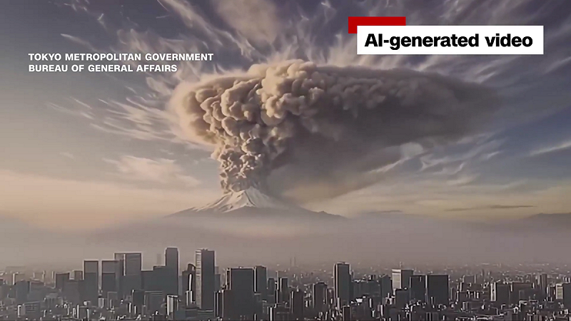 26 日是日本法律明定的「火山防災日」，東京都政府與日本內閣府首度公開利用生成式 AI 與電腦技術模擬富士山大規模噴發的災害影片，畫面中高達 3,776 公尺的富士山猛烈噴煙、熔岩與火山灰，短短 1 至 2 小時內就能飄落至東京都市區，將繁華的新宿變成灰濛一片。   圖:翻攝自影片
