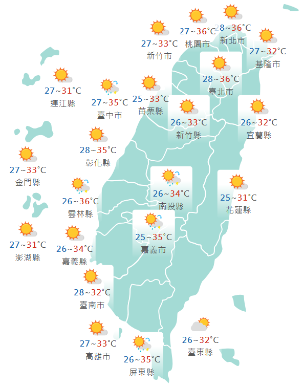 氣象署公布各地天氣預報概況。 圖:氣象署提供