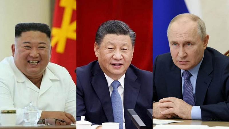 克里姆林宮外交政策顧問鄂夏柯夫（Yury Ushakov）指出，閱兵當天習近平將居中而坐，普丁坐在右側，金正恩則坐在左側，座位安排凸顯三國領袖的外交地位與象徵意義。   圖：翻攝自X(新頭殼合成)