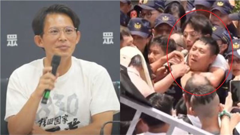 黃國昌堅稱手放員警陳育健肩上「笑得很開心」，並要追究搶宣傳車鑰匙員警的責任。   圖：翻攝民眾之聲YouTube