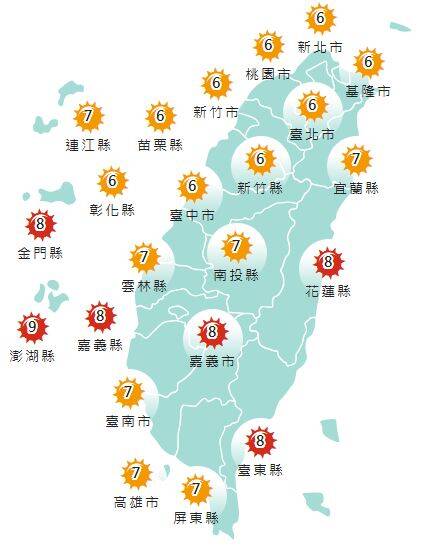 氣象署發布各地紫外線指數預報概況。 圖:氣象署提供