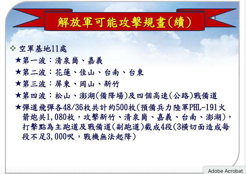 前幻象飛行員、七聯隊參謀長高志榮則針對「當面解放軍部隊對台威脅概況想定」進行報告。 圖:高志榮報告