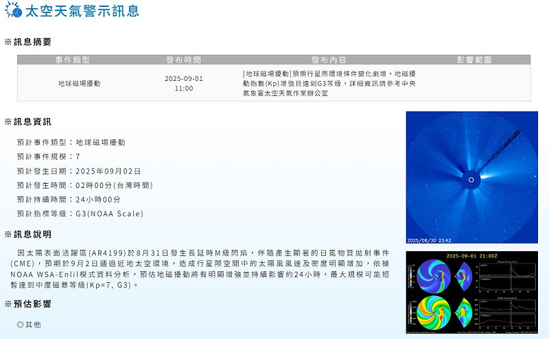 今(2)天氣象署太空天氣作業辦公室發布「地球磁場擾動」的太空天氣警示訊息。   圖：取自中央氣象署太空天氣作業辦公室