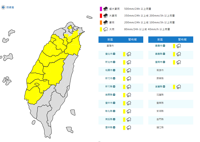 氣象署對14縣市發布大雨特報。   圖：取自氣象署