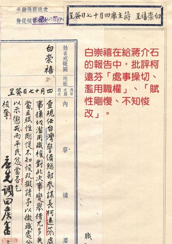 白崇禧在給蔣介石的報告中,批評柯遠芬「處事操切、濫用職權」、「賦性剛愎、不知改悛」。 圖:檔案管理局,檔號:A202000000A=0036=2020.40=4450.01=038-2=032=0001 白崇禧在給蔣介石的報告中,批評柯遠芬「處事操切、濫用職權」、「賦性剛愎、不知改悛」。 圖:檔案管理局,檔號:A202000000A=0036=2020.40=4450.01=038-2=032=0001