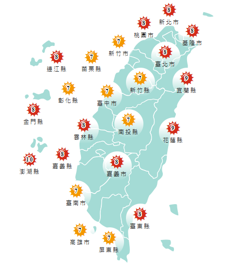 氣象署發布各地紫外線指數預報概況。 圖:氣象署提供