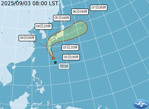 氣象署指出，除了這兩天有冷心低壓通過，位於琉球的東南方海面的熱帶性低氣壓TD18，最快將在今(3)晚到明(4)天清晨變成輕度颱風琵琶。   圖：取自氣象署