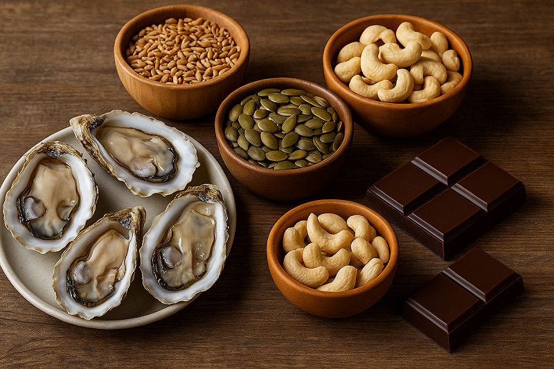張家銘提醒，補鋅應以天然食物為主，牡蠣與堅果即可補足，缺乏或過量皆傷身，關鍵在於平衡。   圖：ChatGPT　AI 生成 / 曾郡秋 製