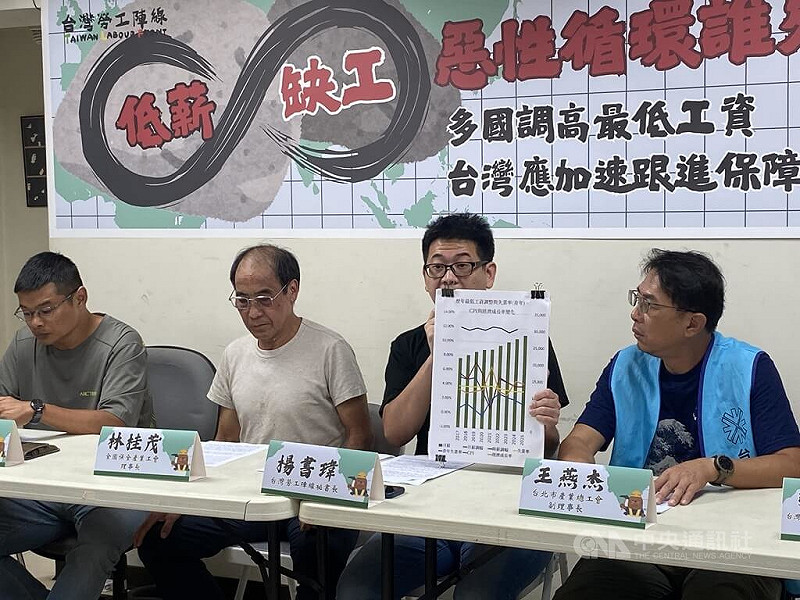 勞工團體台灣勞工陣線4日舉行記者會呼籲調漲最低工資，台灣勞工陣線祕書長楊書瑋（右2）表示，雖然全球經貿環境不確定性高，但仍不應以關稅作為壓低最低工資調漲藉口，台灣應正視調整最低工資的重要性，月薪新台幣3萬是可以突破、努力的目標。中央社記者吳欣紜攝　114年9月4日   