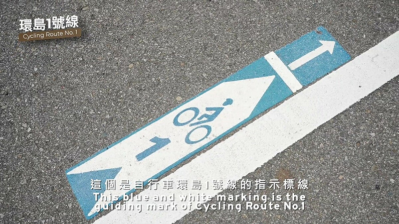 環島1號線的指示標線,箭頭表示接下來的騎行方向。 圖:截自「交通部自行車路網標誌標線」影片