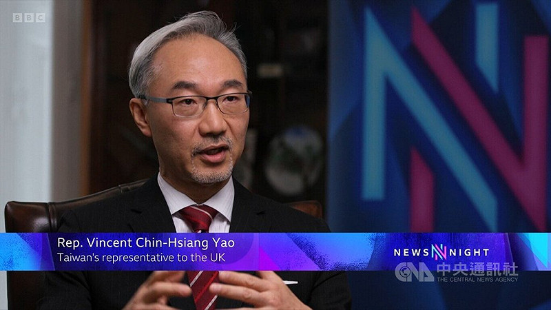 駐英國代表姚金祥4日接受英國廣播公司（BBC）第2台「新聞之夜」（Newsnight）專訪，呼籲英國等民主國家協助台灣，反擊北京扭曲聯大2758號決議。   圖/中央社（訪談影片截圖）