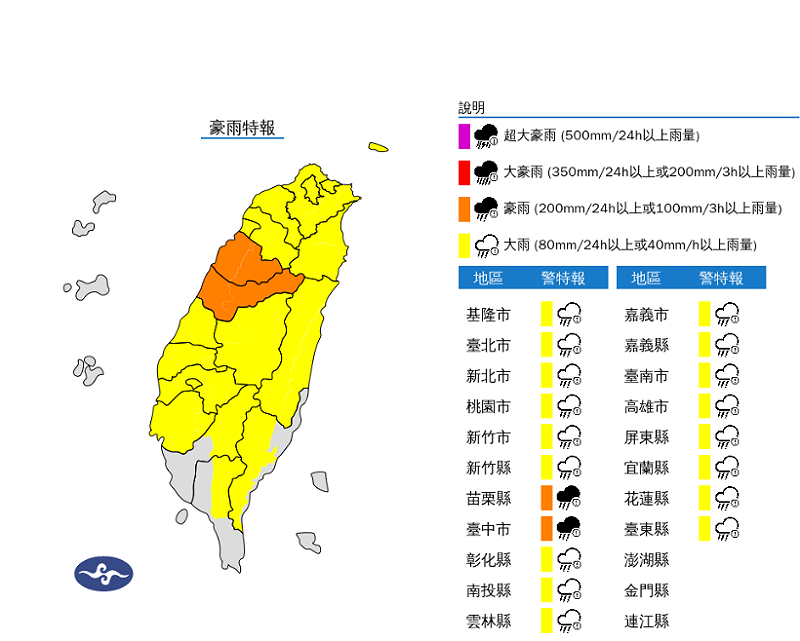 氣象署對19縣市發布豪大雨特報。   圖：取自氣象署