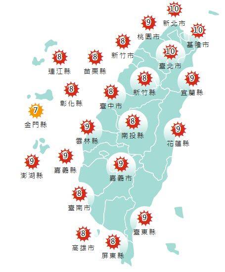 氣象署發布各地紫外線指數預報概況。 圖:氣象署提供