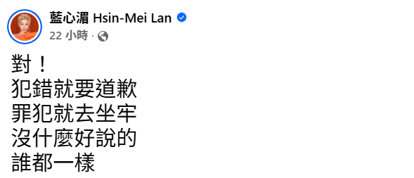 藍心湄發文稱犯錯就該道歉,勇於承擔主持人責任。 圖:翻攝自藍心湄/臉書專頁