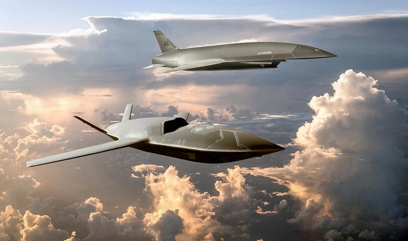 美空軍武裝無人機，通用原子公司的YFQ-42A（前）和安杜里爾公司的YFQ-44A（後）。（藝術渲染圖）   圖：翻攝US Air Force