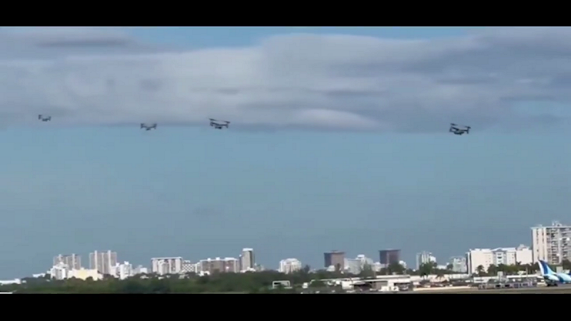 9 月 8 日，美國軍方在波多黎各聖胡安上空出現大規模直升機與戰機調動，外界普遍解讀為針對委內瑞拉毒品集團的戰略行動。   圖:翻攝自影片