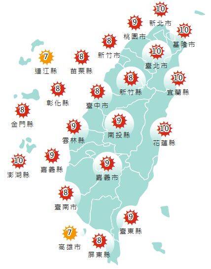 氣象署發布各地紫外線指數預報概況。 圖:氣象署提供
