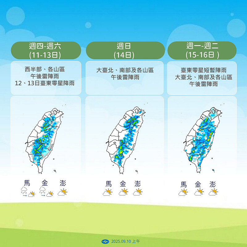 氣象署預測11日至16日西半部與山區午後多雷雨 台東有零星降雨 外島天氣穩定多雲   圖：氣象署／提供