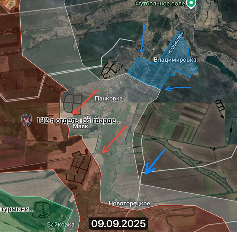  烏軍數日內接連收復潘基夫卡、馬亞克、諾沃特羅伊茨克、諾沃埃科諾米奇涅與拉濟諾等聚落。 圖：翻攝自 X 