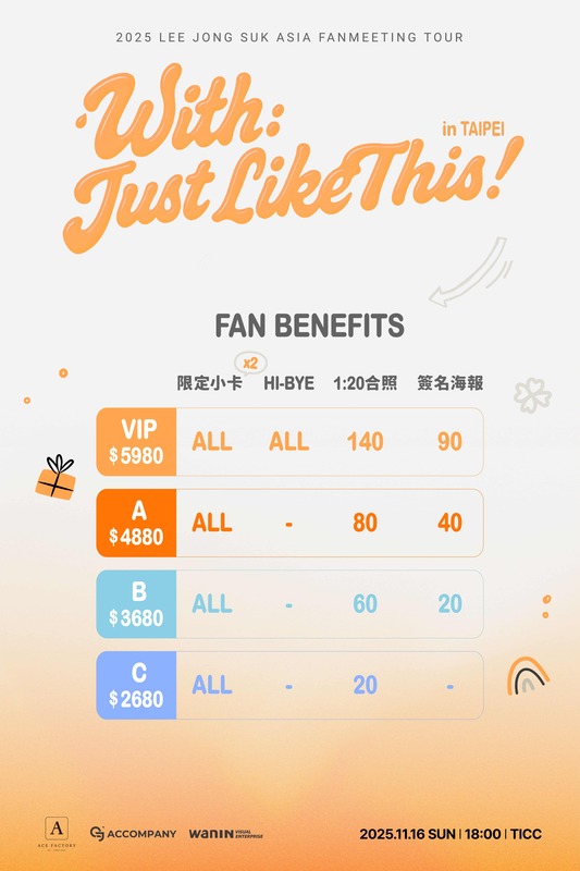  《2025 LEE JONG SUK ASIA FANMEETING TOUR [With  Just Like This] in Taipei》粉絲福利。   圖：網銀國際影視／提供