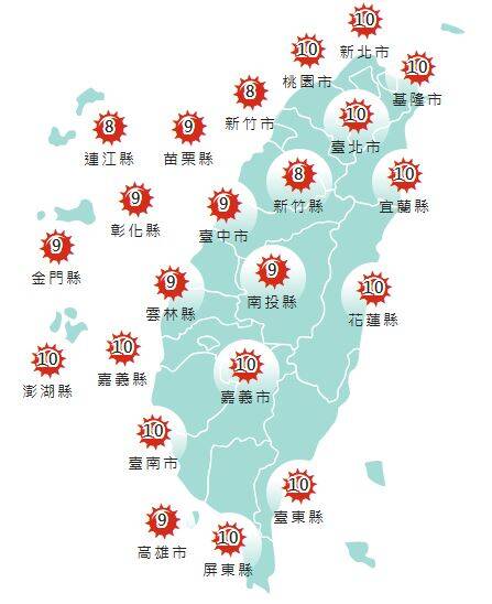 氣象署發布各地紫外線指數預報概況。 圖:氣象署提供