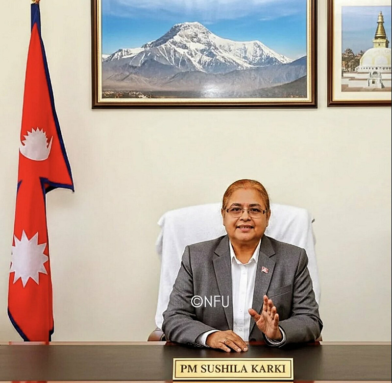 73 歲的前最高法院首席大法官蘇希拉·卡爾基(Sushila Karki)12 日晚間於總統府宣誓就任過渡政府總理。 圖:翻攝自@FearedBuck