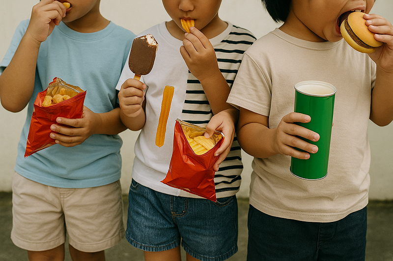 UNICEF警告廉價高熱量食品氾濫，致全球每10名兒童就有1人肥胖，比例首度超越體重不足。   圖：ChatGPT　AI合成 / 曾郡秋 製