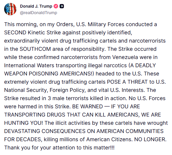  川普於《Truth Social》公布襲擊的訊息。圖：翻攝自 Truth Social《Donald J. Trump》