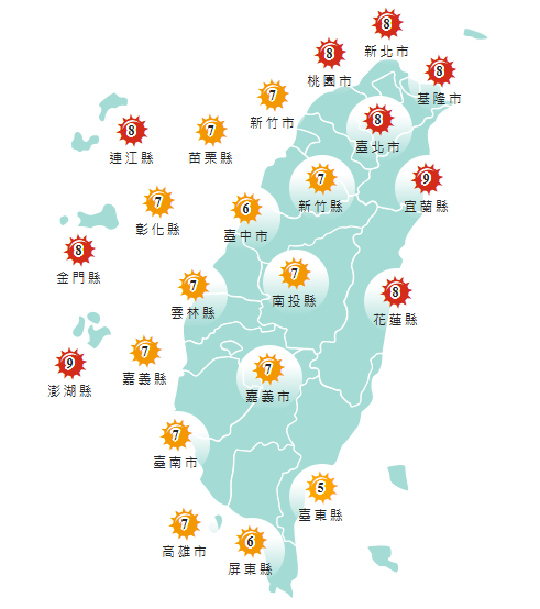 氣象署發布各地紫外線指數預報概況。   圖：氣象署提供