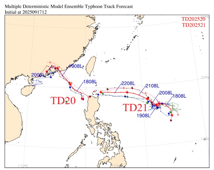 鄭明典指出，TD20和TD21目前都還沒達到颱風標準，但是增強為颱風的機率都很高，路徑上看TD20侵台機率低；TD21路徑偏南，在低壓北側的水氣和不穩定區對台有威脅。   圖：取自鄭明典臉書