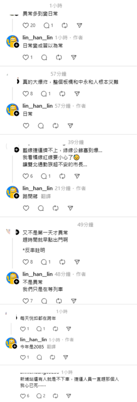 讓不少通勤族崩潰喊「台北天天最hjig 上班城」、「異常多到變日常」、、「每天恍如都在跨年」。   圖：取自lin__han__lin  Threads