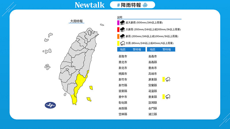 臺東屏東午後雨彈猛灌，防溪水暴漲！ 圖：取自中央氣象署   