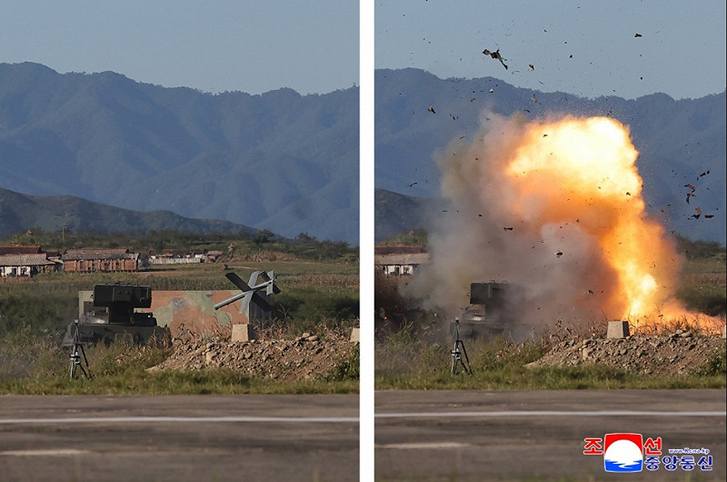 北韓領導人金正恩視導無人航空技術聯合體，首次公開名稱的「金星」戰術無人機。   圖：翻攝朝中社