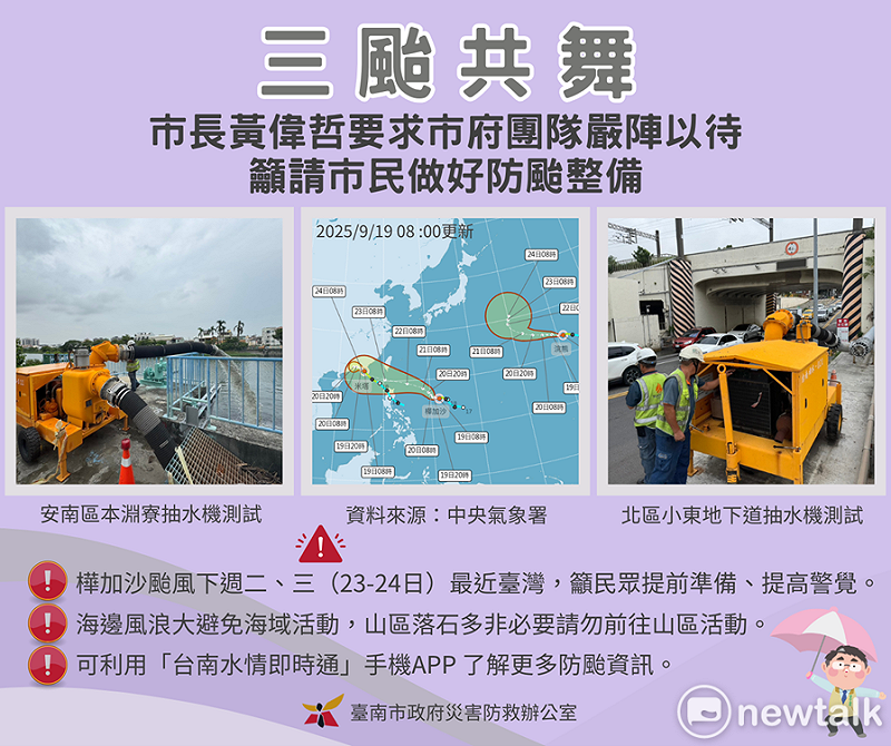位於菲律賓東方海面的TD21已增強為第18號颱風「樺加沙」，預計將持續增強，並在下週二、三最接近臺灣，臺南市長黃偉哲已要求市府團隊與各區公所，務必以最高標準啟動防颱整備措施，也提醒民眾切勿掉以輕心，應持續關注最新氣象動態，預先做好萬全準備。   圖：台南市政府提供