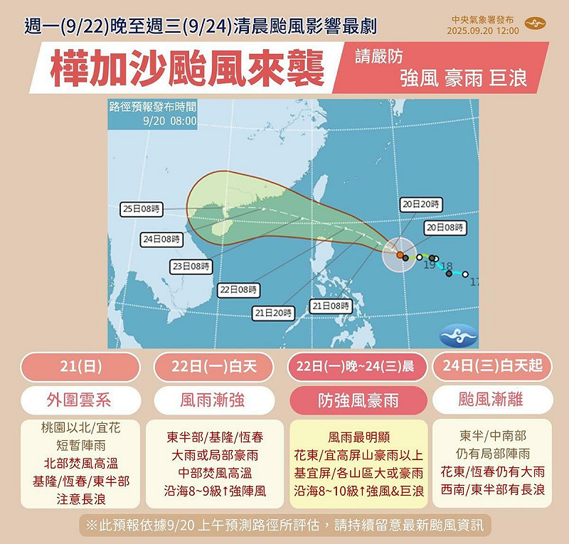 樺加沙颱風在22日晚上至23日白天是距離台灣最近、強度最強的時段,暴風半徑可能擴大至300公里,對台灣有明顯影響。 圖:氣象署/提供