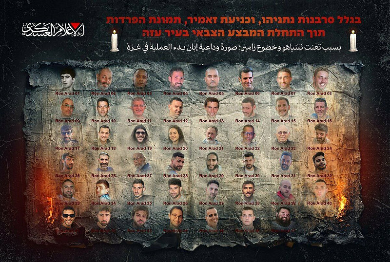 哈瑪斯（Hamas）20日對外發布一張合成照片，將手中所扣押的以色列人質編號1至47號。   圖/Thomas Keith @iwasnevrhere_