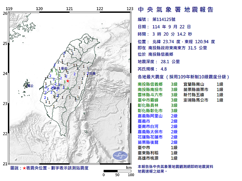 09/22-03:20南投縣信義鄉發生規模4.8有感地震 圖：中央氣象署   