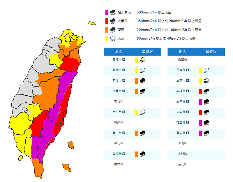 氣象署發布14縣市豪雨特報，花東嚴防「超大豪雨」。   圖：中央氣象署／提供