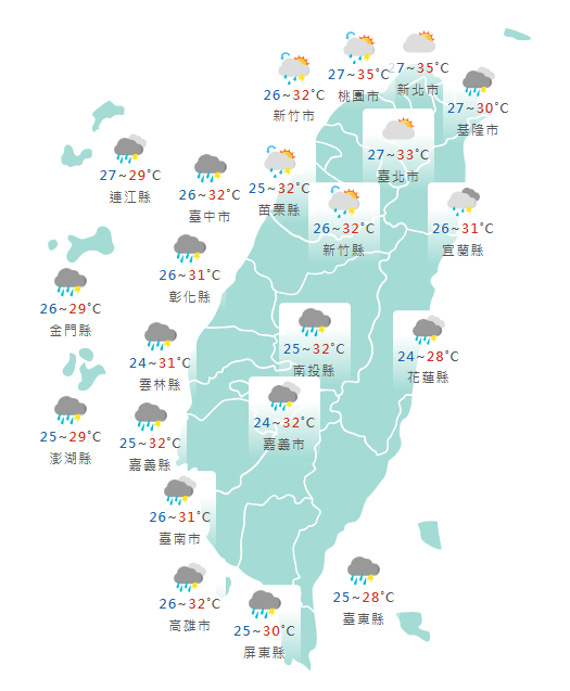 氣象署公布各地天氣預報概況。   圖：氣象署提供