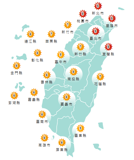 氣象署發布各地紫外線指數預報概況。   圖：氣象署提供