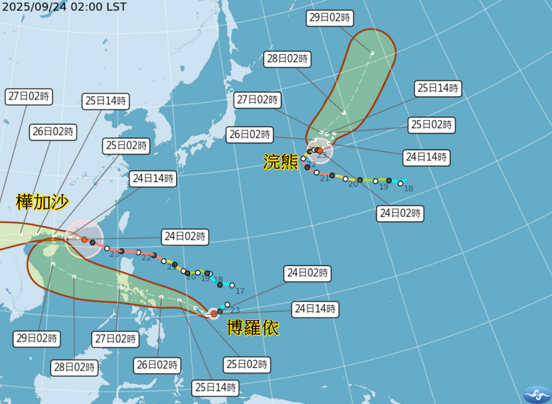 目前太平洋有3個颱風同時存在，分別為樺加沙、浣熊以及今晨剛生成的博羅依颱風。   圖：氣象署提供