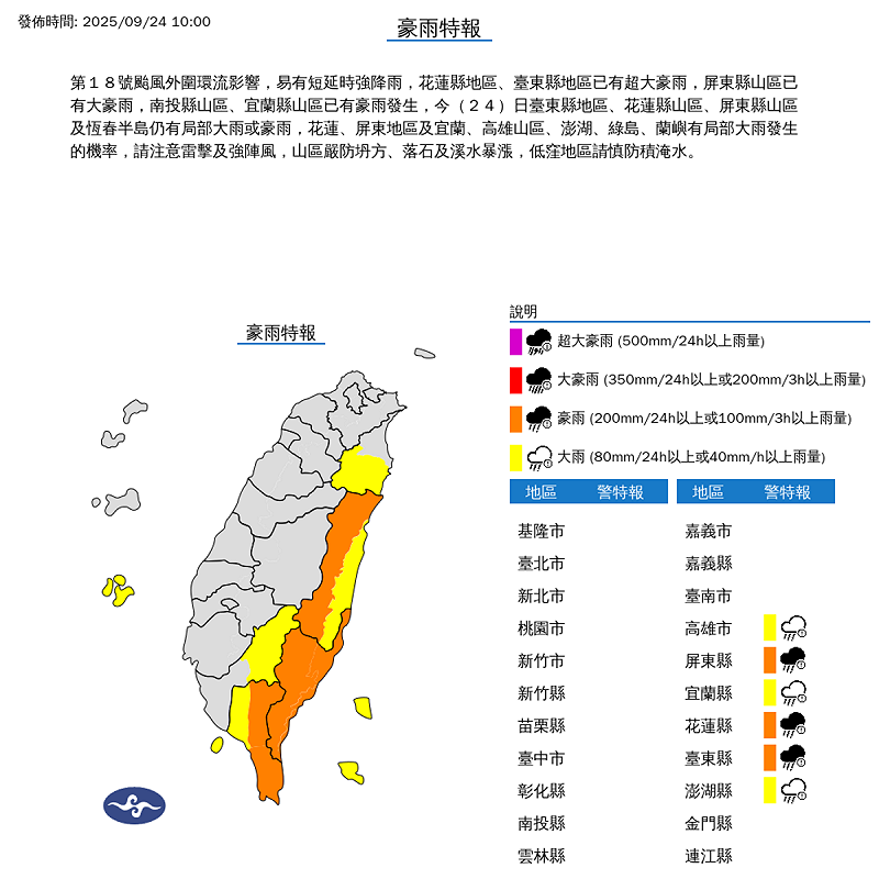 中央氣象署今日發布豪雨特報。   圖：中央氣象署／提供