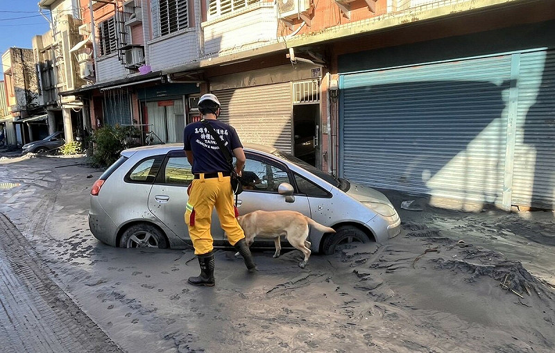 特種搜救隊人員帶著搜救犬展開搜尋失蹤民眾的任務。   圖：高雄市消防局/提供