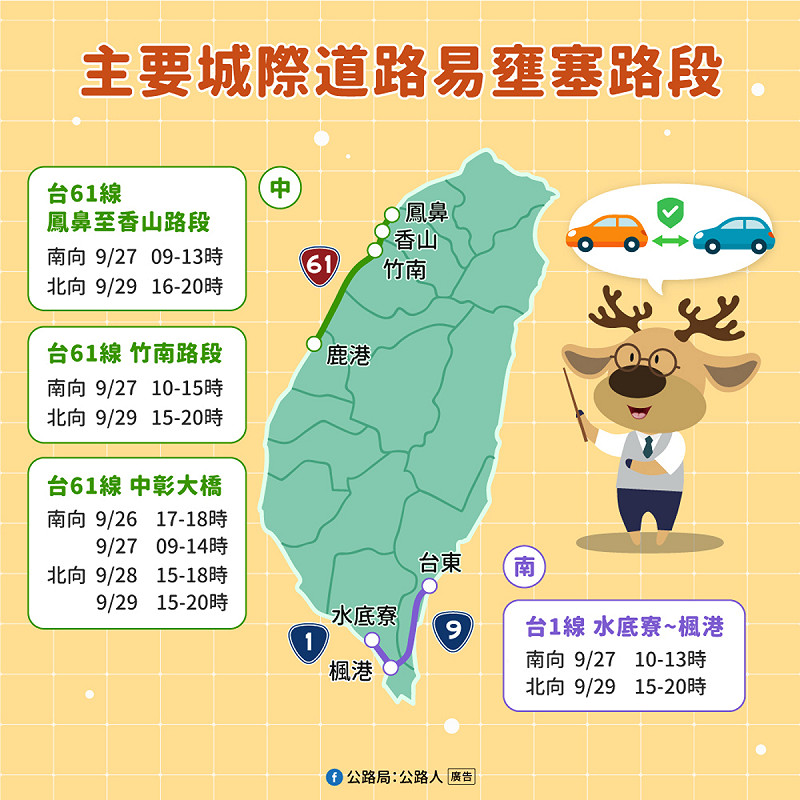 教師節易壅塞道路。   圖：公路局／提供