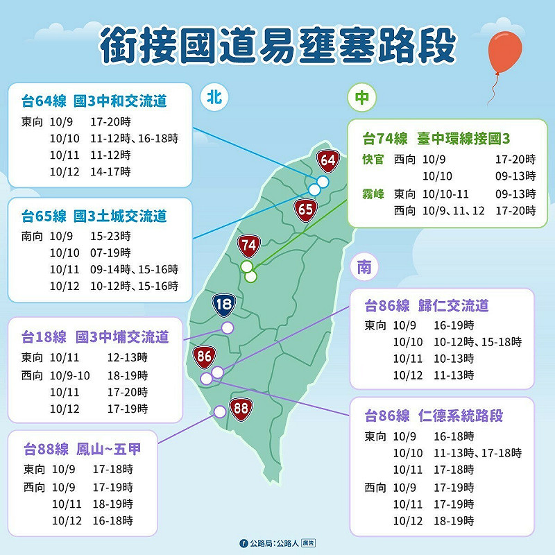 國慶連假期間易壅塞路段。   圖：公路局／提供