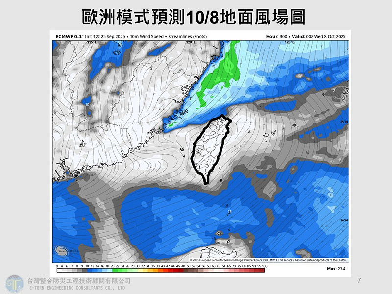 從10月8日風場預報圖來看，可以看到東北季風明顯朝台灣靠近，北邊海面已經可以看到明顯的東北風，之後10月9日到11月10日中北部將會有明顯降雨，尤其宜蘭將會有異常劇烈降雨的可能。   圖：取自賈新興臉書