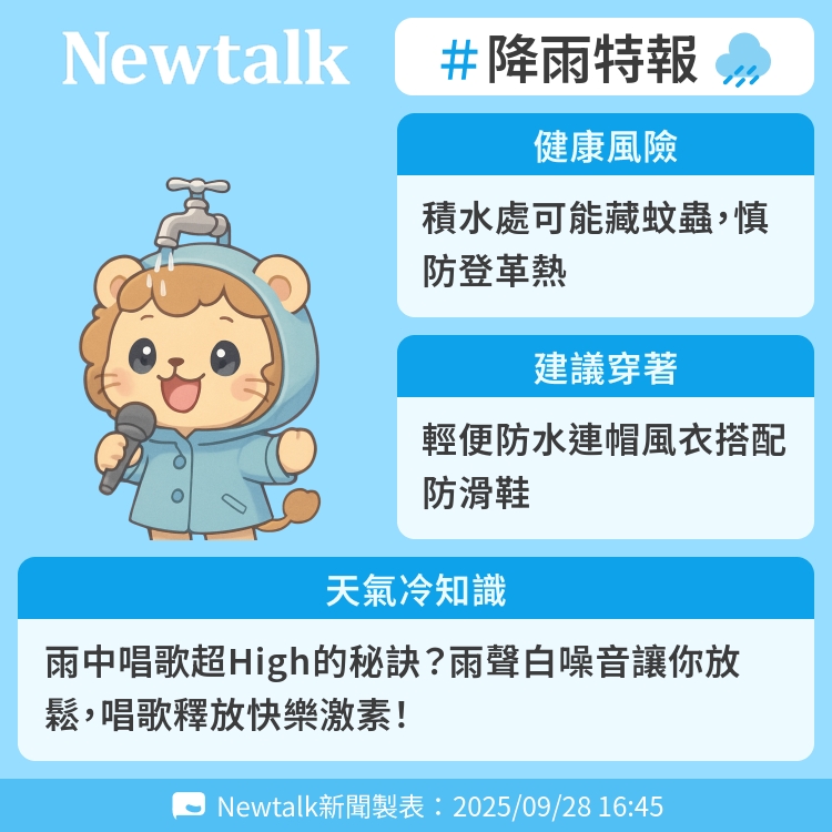 雨中唱歌超High的秘訣？雨聲白噪音讓你放鬆，唱歌釋放快樂激素！ 圖：Newtalk製表   