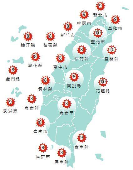 氣象署發布各地紫外線指數預報概況。   圖：氣象署提供