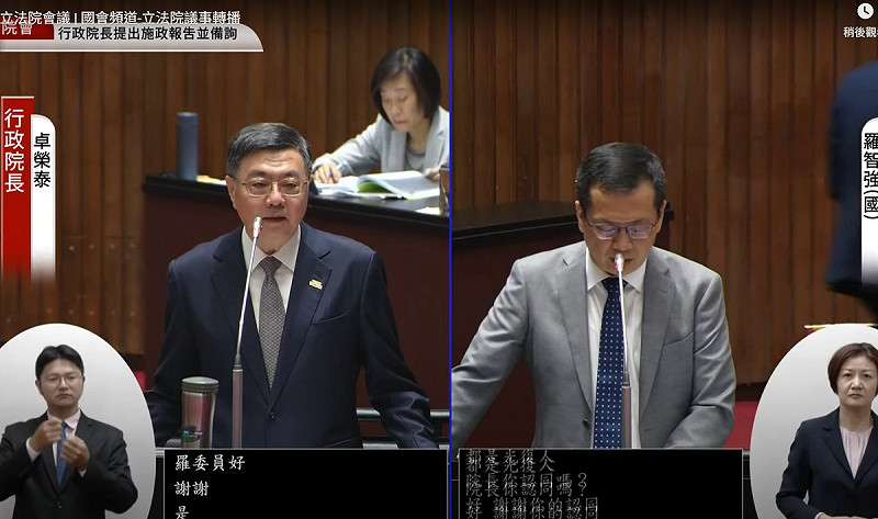 行政院長卓榮泰於立法院會備詢。   圖：擷取自國會頻道